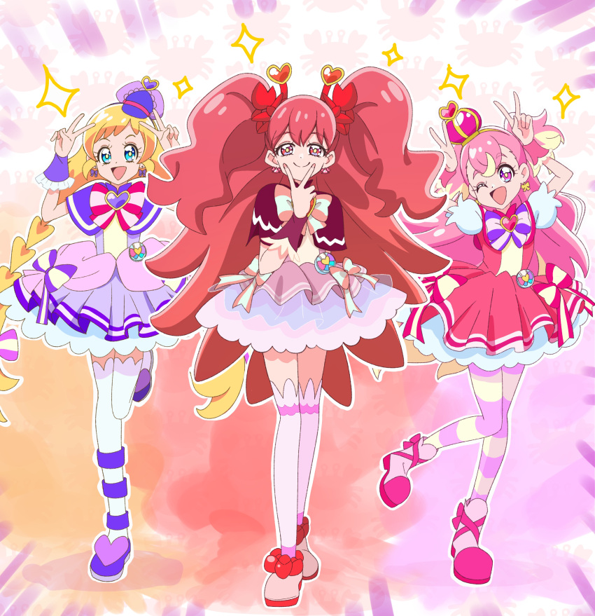3girls :d ;d abstract_background absurdres akizora_(aki_precure) alternate_universe blonde_hair blue_eyes bow bow_earrings braid brooch closed_mouth crown cure_friendy cure_wonderful deerstalker dot_nose double_v dress dress_bow earrings frilled_wrist_cuffs frills full_body hat hat_ornament heart heart_brooch heart_hat_ornament highres inukai_iroha inukai_komugi jewelry kanie_(precure) legs_together long_hair looking_at_viewer magical_girl mini_crown mini_hat multicolored_background multicolored_bow multicolored_hair multicolored_pantyhose multiple_girls one_eye_closed open_mouth pantyhose pink_bow pink_dress pink_footwear pink_hair pink_thighhighs pink_wrist_cuffs pouch precure puffy_sleeves purple_bow purple_dress purple_eyes purple_footwear purple_hat purple_wrist_cuffs red_eyes red_footwear red_hair shoes short_dress smile standing standing_on_one_leg streaked_hair striped_bow striped_clothes striped_pantyhose thighhighs tilted_headwear twin_braids two-tone_hair two_side_up unofficial_precure_costume v white_thighhighs wonderful_precure! wrist_cuffs zettai_ryouiki