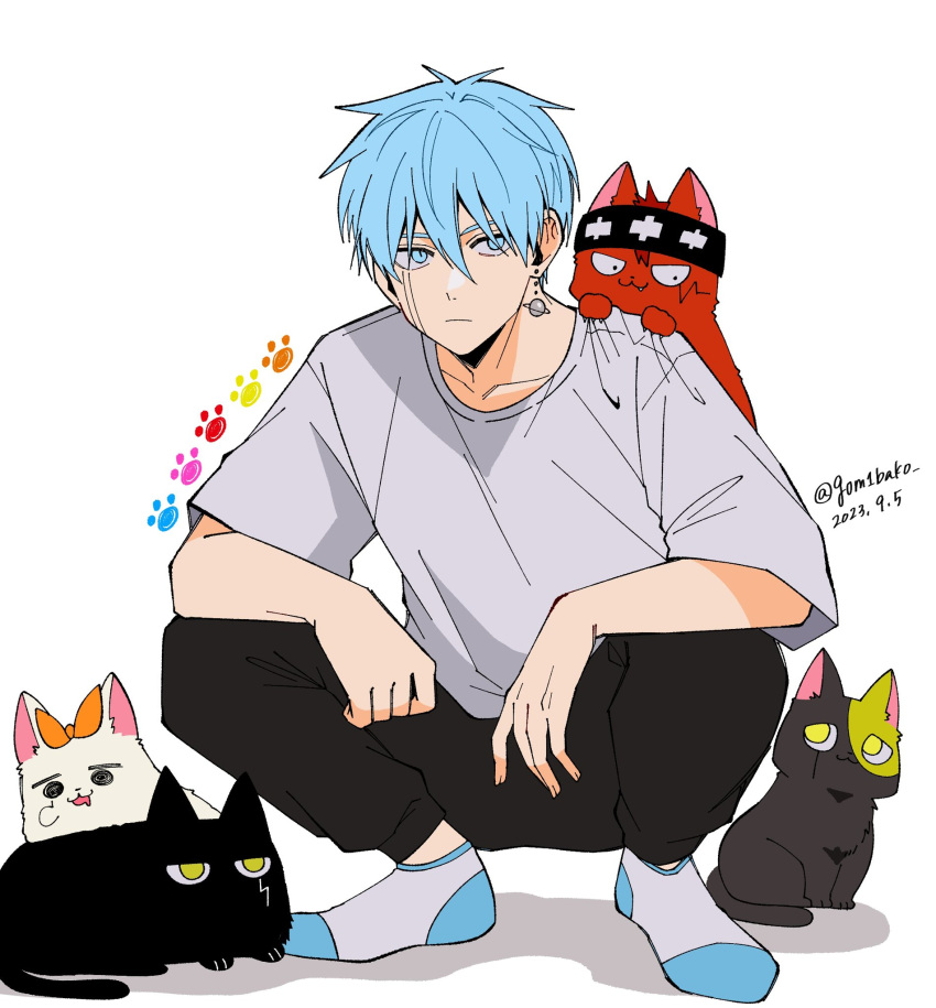 animalization black_pants blue_eyes blue_hair cat daut_barret earrings facial_mark finn_ames genjitsu_o_miro grey_shirt headband highres jewelry lance_crown lemon_irvine mash_burnedead mashle pants planet_earrings shirt short_hair socks squatting