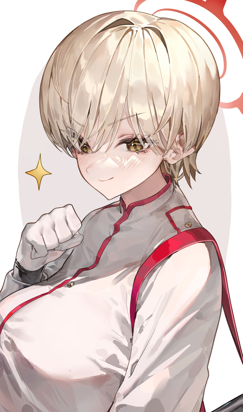 1girl absurdres blonde_hair blue_archive blush breasts closed_mouth gloves halo highres jacket kabi_(zcwd8845) large_breasts long_sleeves looking_at_viewer marina_(blue_archive) red_halo short_hair smile solo white_gloves white_jacket yellow_eyes