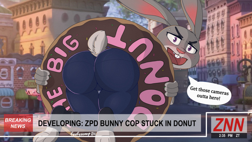 2024 absurd_res angry anthro big_butt big_ears blush buckteeth butt clothing dessert disney doughnut female food foofyscoop fur grey_body grey_fur hi_res holding_object judy_hopps judy_stuck_in_donut_redraw lagomorph leporid looking_at_viewer looking_back mammal news news_report open_mouth paws pink_nose police police_officer police_uniform pupils rabbit small_pupils small_tail solo tail teeth text thick_thighs thighs_together tight_clothing uniform yelling zootopia