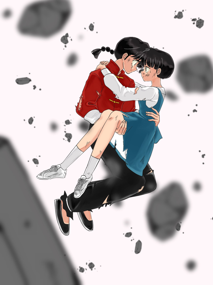 1boy 1girl braid braided_ponytail couple fuurinkan_high_school_uniform hetero highres kmr_doodle ranma_1/2 saotome_ranma school_uniform short_hair simple_background smile socks tendou_akane white_footwear white_socks