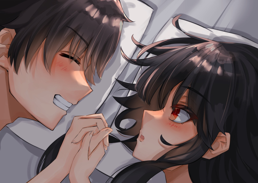 1boy 1girl absurdres black_hair blush close-up closed_eyes grin highres holding_hands kono_subarashii_sekai_ni_shukufuku_wo! looking_at_another megumin parted_lips pillow satou_kazuma senrihinzk smile