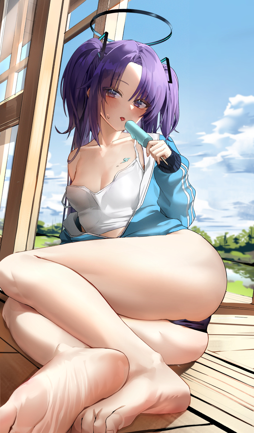 1girl absurdres alternate_costume ass barefoot black_panties blue_archive breasts camisole collarbone crop_top feet food food_on_body halo highres holding holding_food holding_popsicle jacket legs looking_at_viewer melting panties popsicle purple_eyes purple_hair single_bare_shoulder sitting small_breasts soles solo strap_slip toe_scrunch toenails toes tongue track_jacket two_side_up underwear white_camisole wooden_floor yerim yuuka_(blue_archive)