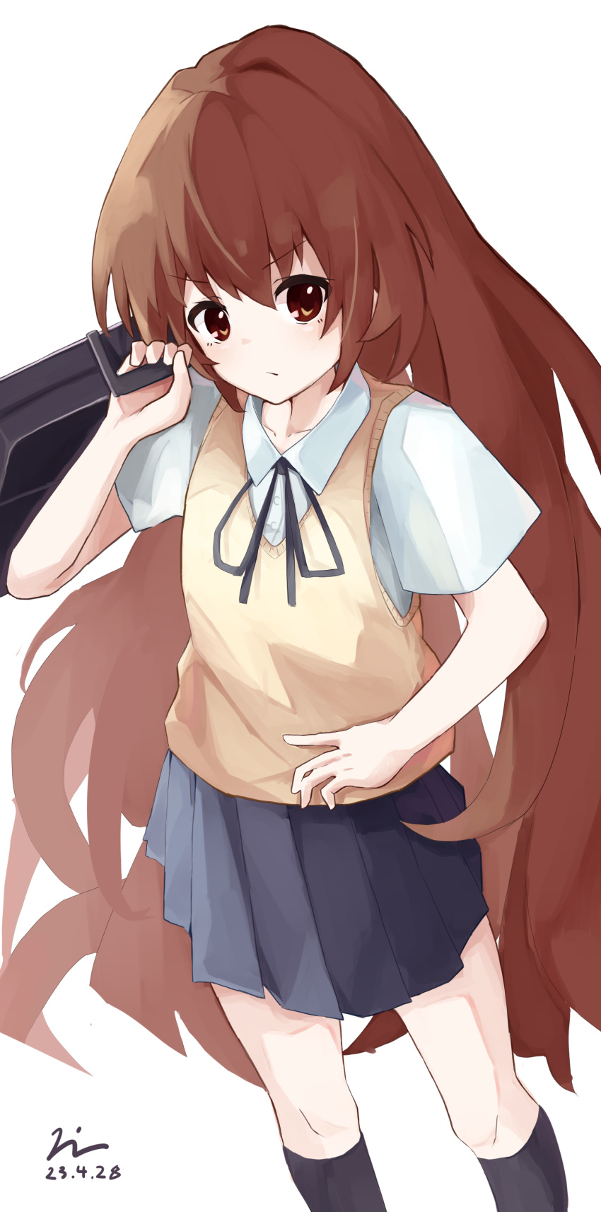 1girl absurdres aisaka_taiga black_ribbon black_thighhighs blue_skirt brown_eyes brown_hair brown_sweater_vest closed_mouth collarbone collared_shirt commentary_request dated hair_between_eyes highres holding holding_suitcase ko_su_kaa long_hair looking_at_viewer neck_ribbon partial_commentary pleated_skirt ribbon school_uniform shirt short_sleeves signature simple_background skirt solo suitcase sweater_vest thighhighs toradora! very_long_hair white_background white_shirt