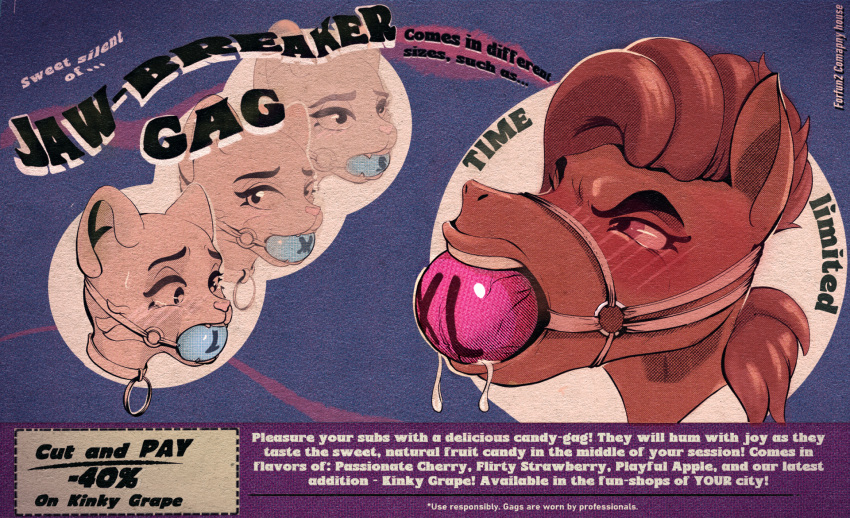 advertisement anthro ball_gag candy cover dessert equid equine felid feline female food forfun2 gag hi_res large_ball_gag magazine_cover mammal silly vintage