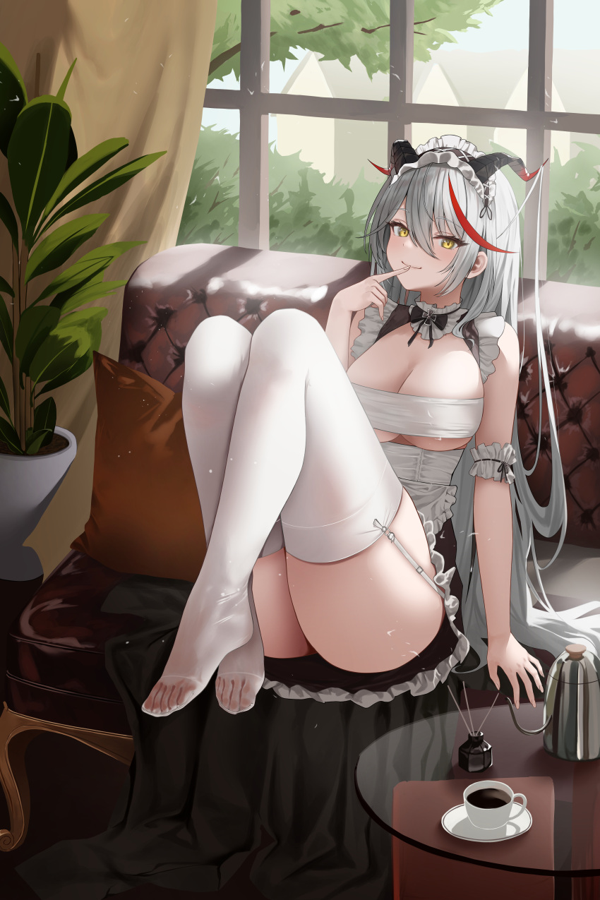 1girl absurdres aegir_(azur_lane) alternate_costume apron arm_garter ass azur_lane bare_shoulders black_skirt blush breasts cleavage clothes_lift clothes_pull coffee couch cup demon_horns dlnk dress feet finger_to_mouth frilled_hairband frilled_skirt frills garter_straps grey_hair hair_between_eyes hairband headdress headwear_request highres horns indoors lamp large_breasts leaning_back legs lingerie long_hair looking_at_viewer maid maid_headdress multicolored_hair no_bra no_shoes on_couch plant red_hair saucer see-through see-through_legwear sitting skirt skirt_lift skirt_pull smile soles solo streaked_hair tail teacup thighhighs thighs toes underwear uniform very_long_hair white_hair white_thighhighs window yellow_eyes
