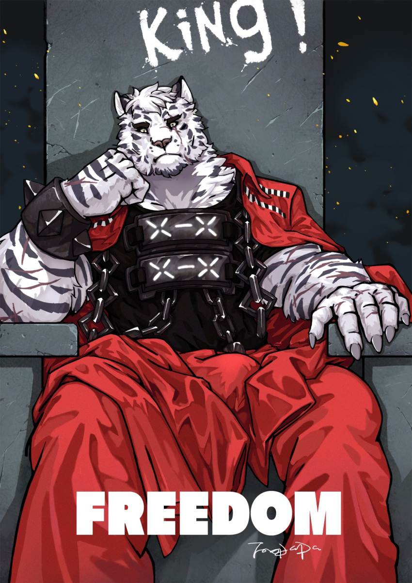 1boy animal_ears arknights bara blue563619 elbow_rest expressionless facial_hair feet_out_of_frame furry furry_male goatee highres king looking_at_viewer male_focus mountain_(arknights) muscular muscular_male official_alternate_costume scar scar_across_eye scar_on_arm short_hair sitting solo thick_eyebrows throne tiger_boy tiger_ears white_hair
