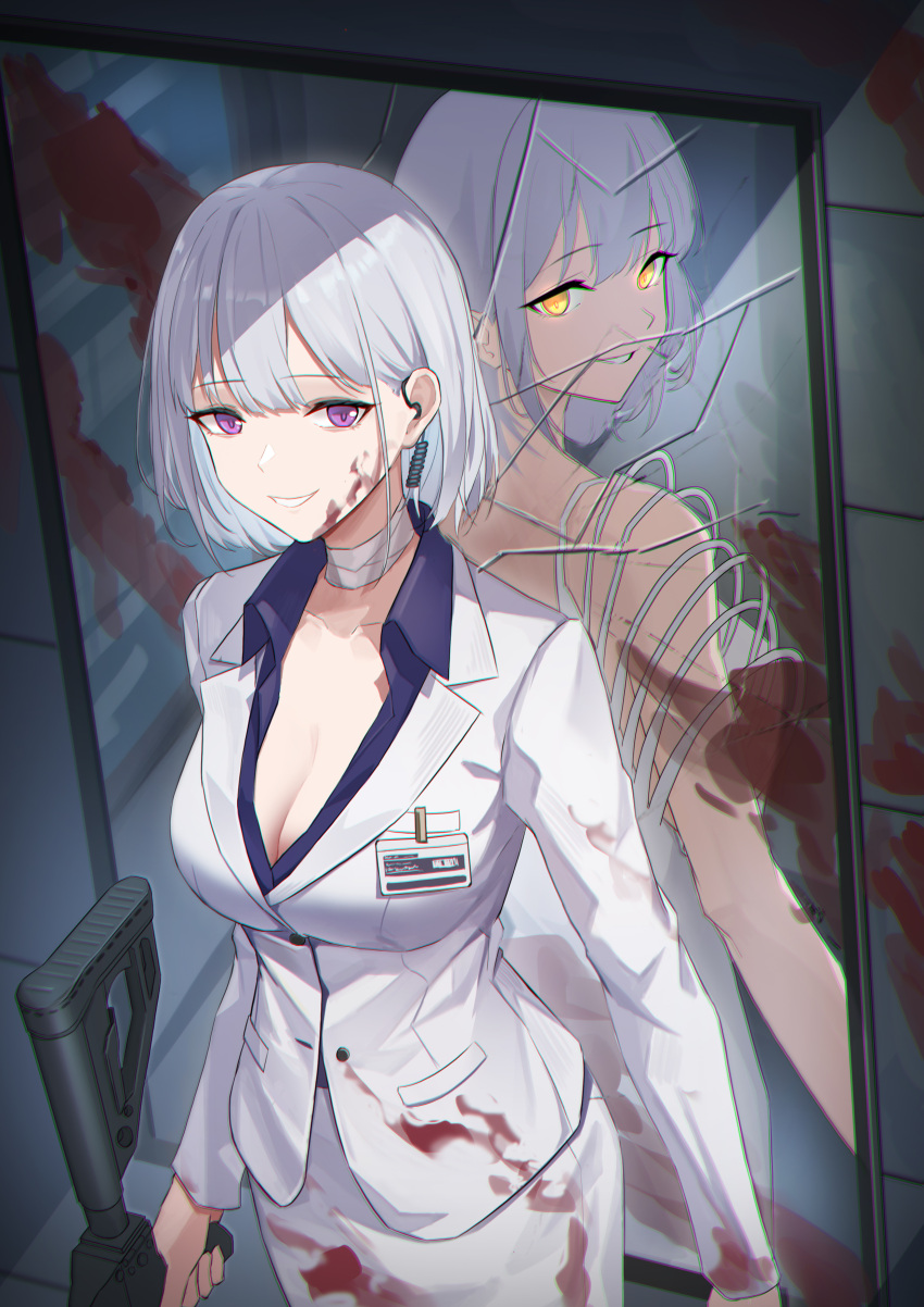 1girl absurdres bandaged_neck bandages blood blood_on_clothes blood_on_face blood_on_mirror blood_on_wall breasts broken_mirror cleavage different_reflection dress dual_persona earpiece girls'_frontline gun highres holding holding_gun holding_weapon id_card jacket light_machine_gun looking_at_viewer lord-erica mirror official_alternate_costume parted_lips pencil_skirt purple_eyes purple_shirt reflection rpk-16 rpk-16_(boss)_(girls'_frontline) rpk-16_(girls'_frontline) rpk-16_(renate)_(girls'_frontline) shirt short_hair skirt smile weapon white_dress white_hair white_jacket white_skirt yellow_eyes