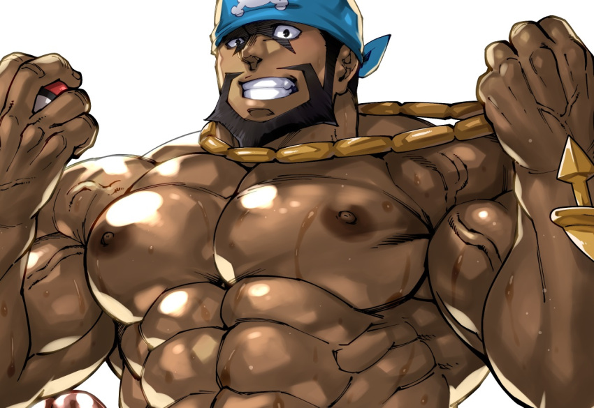 1boy abs archie_(pokemon) bandana bara beard black_hair blue_bandana commission dark-skinned_male dark_skin facial_hair flexing_pectorals full_beard grin holding holding_poke_ball large_pectorals looking_at_viewer male_focus mature_male muscular muscular_male necklace_pull nipples nude out-of-frame_censoring pectorals penis_out_of_frame poke_ball pokemon pokemon_oras short_hair skeb_commission smile solo strongman_waist sweat teeth terujirou_(masateruteru) thick_beard uneven_eyes upper_body