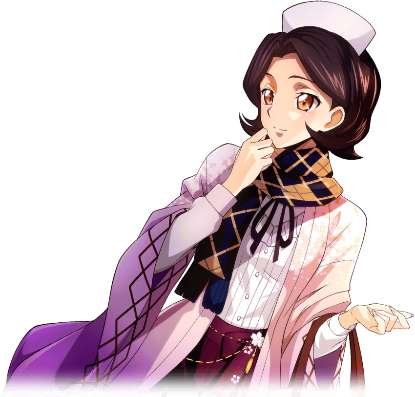 1girl artist_request bag black_ribbon breasts brown_hair buttons closed_mouth coat code_geass code_geass:_lost_stories dutch_angle game_cg hair_intakes hands_up happy holding holding_bag layered_sleeves long_sleeves looking_to_the_side maid_headdress neck_ribbon non-web_source official_art open_clothes open_coat orange_eyes pink_coat pleated_skirt purple_skirt ribbon scarf shinozaki_sayoko shirt shirt_tucked_in short_hair simple_background skirt small_breasts smile solo split_mouth standing tassel transparent_background two-tone_scarf upper_body white_shirt wide_sleeves