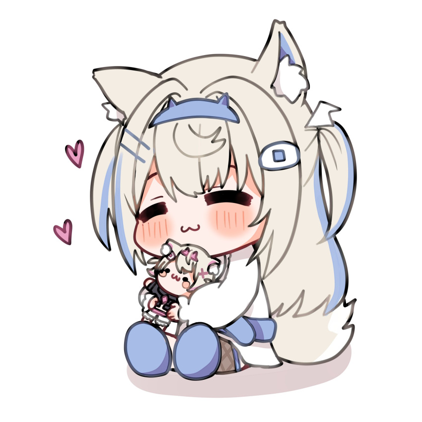 1girl :3 =_= animal_ears bandaid bandaid_hair_ornament belt blue_belt blue_footwear blue_hair blue_hairband blush_stickers character_doll chibi closed_eyes closed_mouth colored_inner_animal_ears commentary dog_ears dog_girl dog_tail doll dress fake_horns fishnet_socks fishnets fluff fuwawa_abyssgard fuwawa_abyssgard_(1st_costume) hair_ornament hairband hairclip heart highres holding holding_doll hololive hololive_english horns hugging_doll hugging_object light_brown_hair long_hair long_sleeves mococo_abyssgard multicolored_hair shoes simple_background single_sock sitting socks solo streaked_hair symbol-only_commentary tail tomoyo619 two_side_up virtual_youtuber white_background white_dress