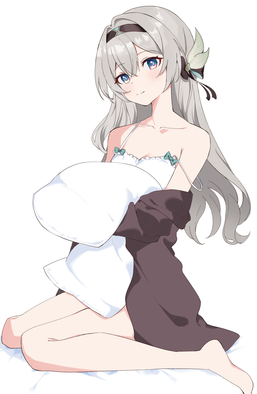 1girl absurdres bare_legs barefoot black_hairband brown_robe butterfly_hair_ornament camisole closed_mouth collarbone comorebi firefly_(honkai:_star_rail) grey_hair hair_between_eyes hair_ornament hairband headband highres honkai:_star_rail honkai_(series) hugging_object kneeling long_hair looking_at_viewer pillow pillow_hug purple_eyes robe sitting solo spaghetti_strap wariza white_background white_camisole