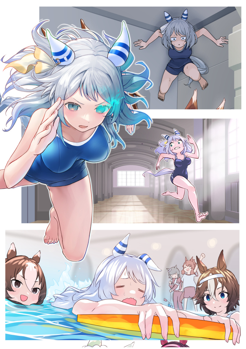 5girls animal_ears bamboo_memory_(umamusume) bare_legs barefoot blue_eyes blue_one-piece_swimsuit blurry blurry_background breasts brown_hair character_request clenched_teeth closed_mouth commentary_request ear_covers glowing glowing_eye grey_hair hair_ornament highres hishi_miracle_(umamusume) horse_ears horse_girl horse_tail looking_at_another medium_breasts medium_hair multicolored_hair multiple_girls multiple_views nabe_puyo one-piece_swimsuit open_mouth partially_submerged pool running short_hair smile streaked_hair swimsuit tail teeth toes tracen_swimsuit umamusume water wavy_mouth white_hair yaeno_muteki_(umamusume)