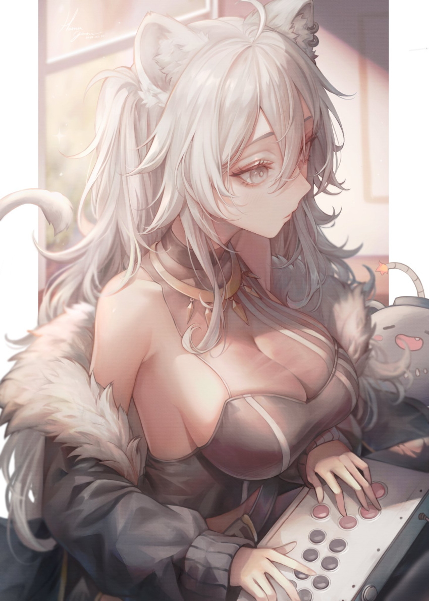 1girl ahoge animal_ear_fluff animal_ear_piercing animal_ears belt black_belt black_jacket black_shirt breasts cleavage collarbone controller crop_top double-parted_bangs fur-trimmed_jacket fur_trim game_controller gamepad grey_eyes grey_hair hair_between_eyes hama_guri highres holding holding_controller holding_game_controller hololive indoors jacket jewelry large_breasts lion_ears lion_girl lion_tail long_hair messy_hair necklace off_shoulder pillarboxed playing_games see-through see-through_cleavage shirt shishiro_botan shishiro_botan_(1st_costume) sideboob sidelocks skin_tight sleeveless sleeveless_shirt solo ssrb_(shishiro_botan) tail two_side_up upper_body virtual_youtuber window