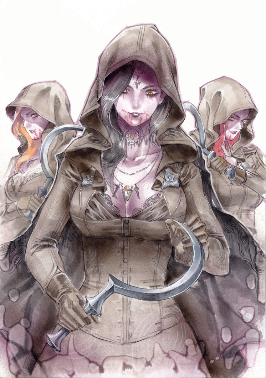 3girls bela_dimitrescu black_hair black_lips blonde_hair blood blood_on_face blood_on_mouth breasts cassandra_dimitrescu cloak daniela_dimitrescu gloves highres holding_sickle hood hood_up hooded_cloak jewelry multiple_girls necklace pale_skin parted_lips red_hair resident_evil resident_evil_village rodrigo_yoshimiya runny_makeup sickle smile yellow_eyes