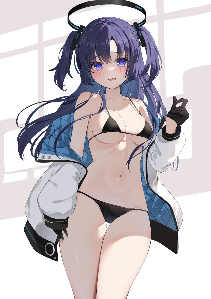 1girl absurdres alternate_costume bikini black_bikini black_gloves blue_archive blush breasts cleavage collarbone etesumsom feet_out_of_frame gloves halo highres jacket jacket_partially_removed looking_at_viewer medium_breasts micro_bikini multicolored_clothes multicolored_jacket navel purple_eyes purple_hair sideboob solo speech_bubble stomach string_bikini sweatdrop swimsuit two-tone_jacket two_side_up underboob yuuka_(blue_archive)