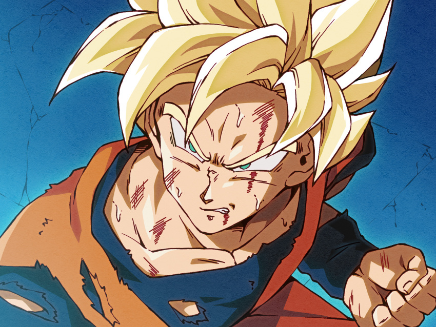 1boy blonde_hair blood clenched_hand clenched_teeth commentary_request crack cracked_floor derivative_work dougi dragon_ball highres injury masaki_kei meme pectorals sailor_moon_redraw_challenge_(meme) solo son_goku spiked_hair super_saiyan super_saiyan_1 teeth