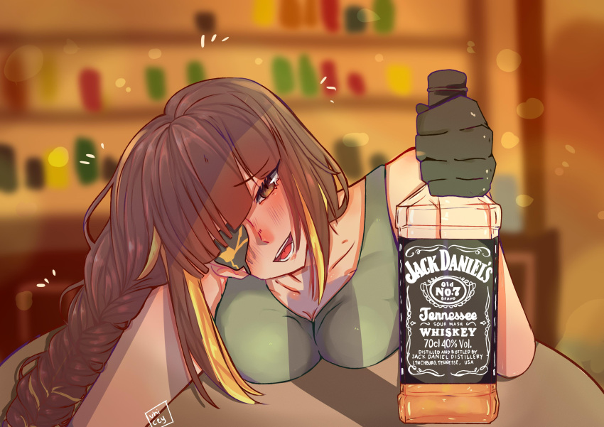 absurdres bad_source black_gloves blush bottle braid brown_eyes brown_hair eyepatch full-face_blush girls'_frontline gloves green_shirt highres jack_daniel's long_hair looking_at_viewer m16a1_(girls'_frontline) mole mole_under_eye open_mouth shirt solo source_request table tank_top wine_bottle