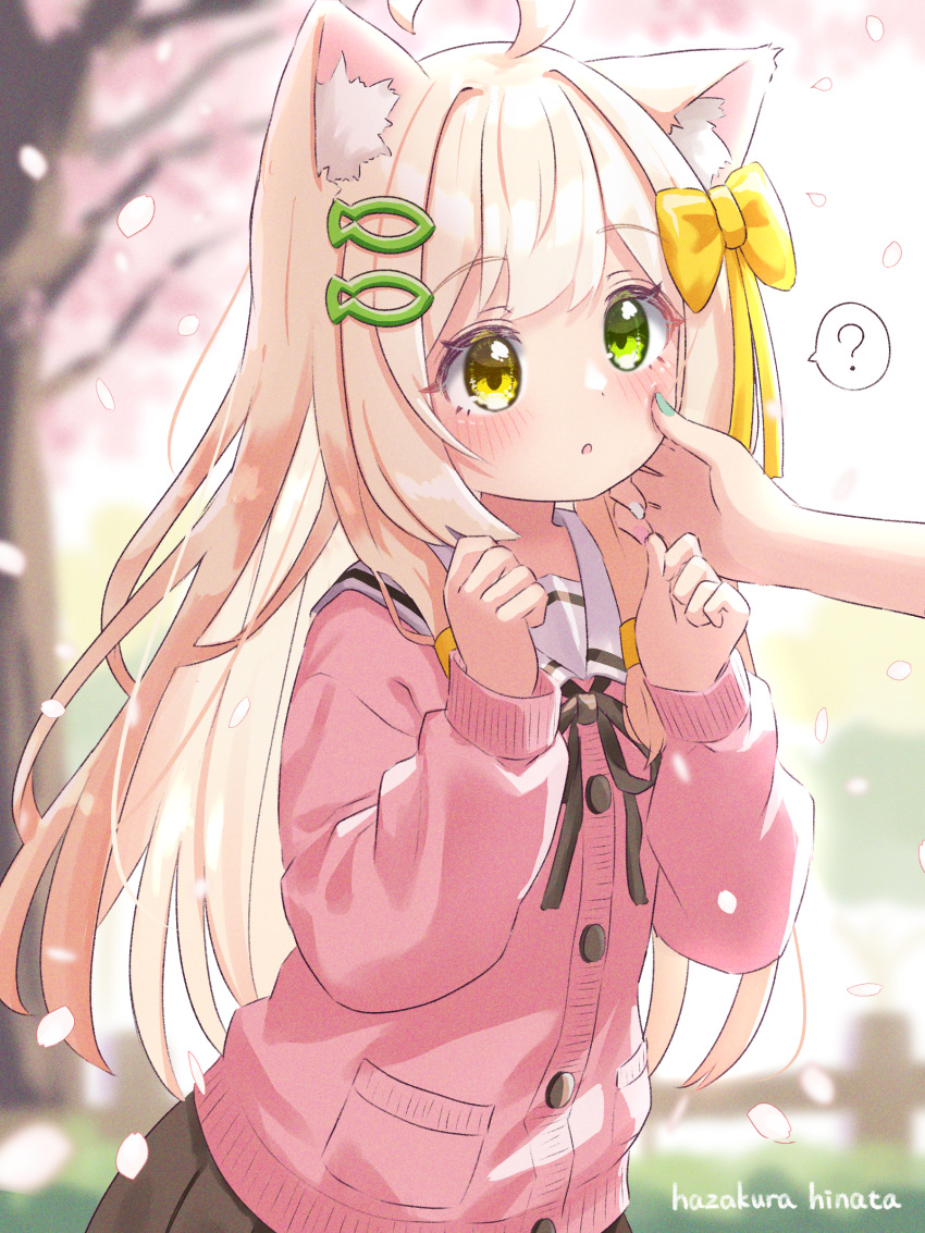 1girl ? absurdres ahoge animal_ears bow brown_skirt cat_ears cherry_blossoms fish_hair_ornament green_eyes hair_bow hair_ornament hazakura_hinata heterochromia highres long_sleeves original outdoors pink_sweater skirt spoken_question_mark sweater upper_body variant_set yellow_bow yellow_eyes