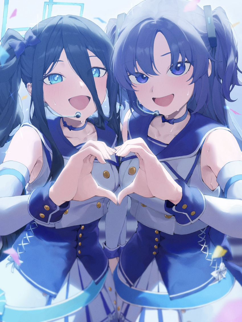 2girls absurdly_long_hair aris_(blue_archive) black_hair blue_archive blue_eyes blue_halo blush breasts detached_sleeves earpiece hair_between_eyes halo highres long_hair looking_at_viewer medium_breasts mischievous_straight_uniform_(blue_archive) multiple_girls official_alternate_costume one_side_up open_mouth purple_eyes purple_hair skirt small_breasts smile sweat tai_saka two_side_up very_long_hair white_skirt yuuka_(blue_archive)