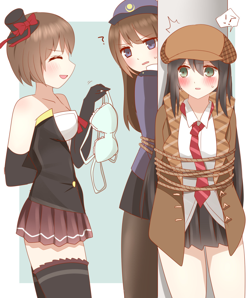 !? 3girls :d ? ^^^ ^_^ absurdres arm_behind_back black_gloves black_hair black_hat black_skirt black_thighhighs blue_background blue_bra blue_eyes blue_hat blue_jacket blush bound bow bra breasts brown_hair brown_hat brown_jacket brown_pantyhose brown_skirt cabbie_hat closed_eyes clothes_theft collared_shirt diagonal-striped_clothes diagonal-striped_necktie dress_shirt elbow_gloves gloves green_eyes hair_between_eyes hat hat_bow highres holding holding_bra holding_clothes holding_underwear jacket long_hair medium_breasts mini_hat mini_top_hat multiple_girls necktie non_(wednesday-classic) original pantyhose parted_lips phantom_thief pleated_skirt pole police police_hat police_uniform policewoman profile red_bow red_necktie restrained rope shirt skirt smile spoken_interrobang strapless striped_clothes sweat theft thighhighs tied_up_(nonsexual) tilted_headwear top_hat two-tone_background underwear underwear_theft uniform unworn_bra v-shaped_eyebrows very_long_hair white_background white_shirt