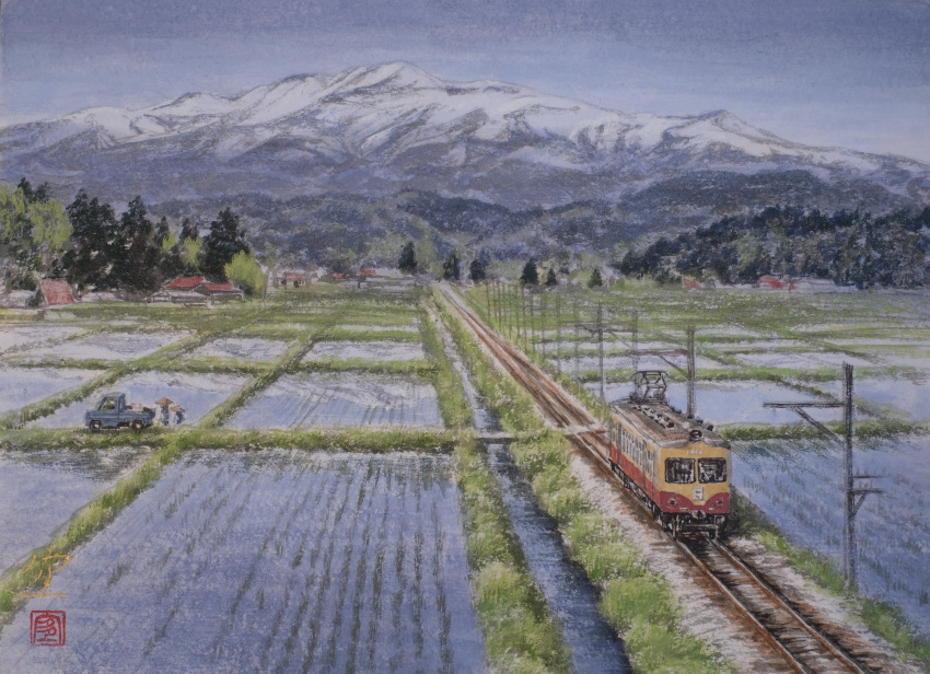 absurdres canal farm highres miyagi_prefecture motor_vehicle nihonga original overhead_line painting_(medium) pantograph pine_tree power_lines railroad_tracks rice_paddy rural tanamachi_yoshihiro traditional_media train tree truck utility_pole water watercolor_(medium)