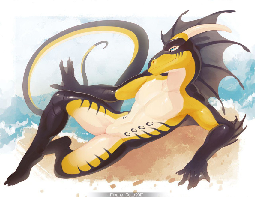 anthro aquatic_dragon athletic black_skin blue_eyes centrifuge dragon fin frill leaning looking_at_viewer male moltengoldart no_genitals solo stripes webbing white_skin yellow_skin