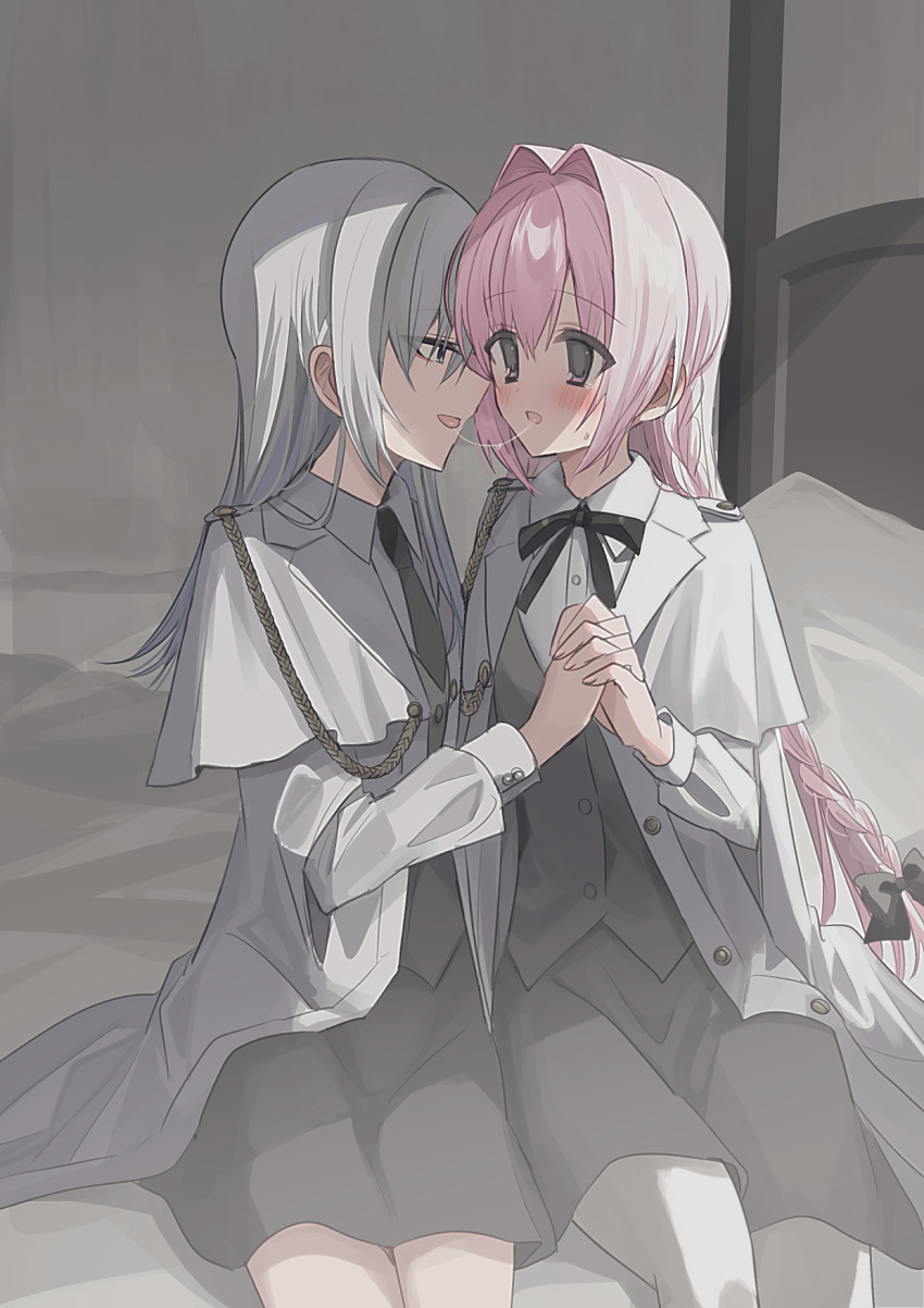 2girls :d bed black_bow blue_eyes blush bow braid chihuri collared_shirt commentary_request dress_shirt ende_(chihuri) feet_out_of_frame grey_hair grey_skirt grey_vest hair_between_eyes hair_bow hair_intakes highres holding_hands interlocked_fingers jacket long_hair long_sleeves multiple_girls nea_(chihuri) on_bed open_clothes open_jacket original pantyhose pink_hair profile puffy_long_sleeves puffy_sleeves purple_eyes saliva saliva_trail shirt sitting skirt smile sweat very_long_hair vest white_jacket white_pantyhose white_shirt yuri