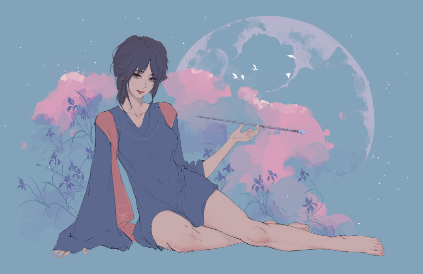 1girl absurdres arm_support bare_legs barefoot bird black_hair blue_background blue_eyes blue_shirt breasts chinese_commentary cloud collarbone covered_navel dress elden_ring feet flower full_body highres holding holding_smoking_pipe kiseru legs long_hair long_sleeves looking_at_viewer makeup medium_breasts moon nao_tou_di_guan plant shirt simple_background sitting sky smile smoking_pipe solo sorceress_sellen toes white_bird wide_sleeves yokozuwari