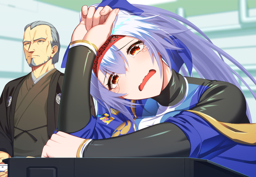 1boy 1girl beard black_shirt blue_hair blue_shirt blush bow breasts brown_kimono facial_hair fate/grand_order fate_(series) grey_hair hair_bow hair_slicked_back headband highres japanese_clothes kimono kuroshiro_(ms-2420) large_breasts layered_clothes light_blue_hair long_hair long_sleeves old old_man open_mouth ponytail shirt short_hair tomoe_gozen_(fate) yagyuu_munenori_(fate)