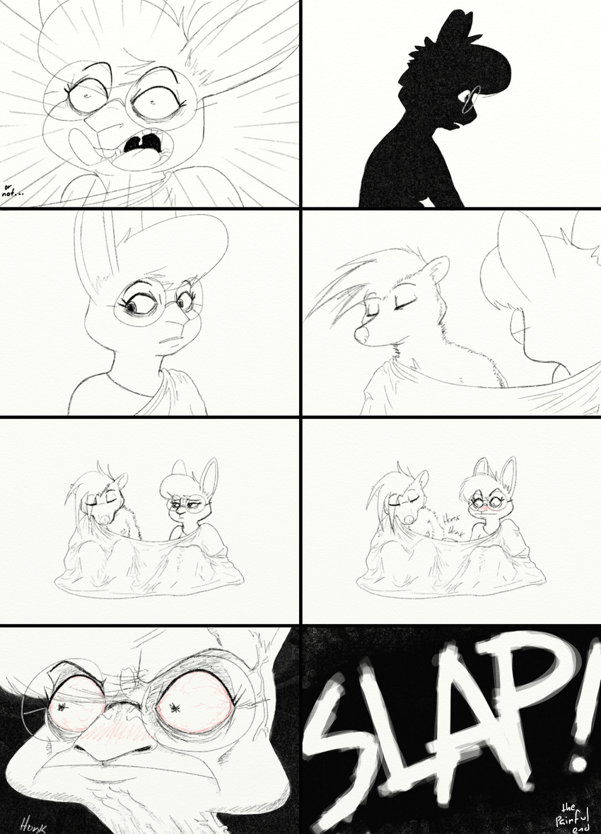2017 angry anthro blush chest_tuft clothed clothing comic disney english_text eyewear fan_character female glasses hugh_muskroura jonsthaman lagomorph male mammal maxine_d'lapin rabbit simple_background skunk surprise text tuft white_background zootopia