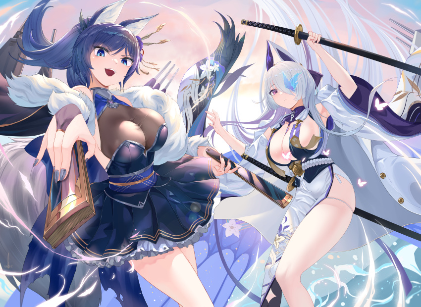 2girls absurdly_long_hair absurdres animal_ears azur_lane bare_shoulders blue_eyes blue_hair blue_nails breasts bridal_gauntlets butterfly_over_eye cleavage commentary dress feet_out_of_frame folding_fan fox_ears fox_girl fox_tail fur_trim hair_over_one_eye hand_fan highlander_z highres holding holding_fan holding_sword holding_weapon jintsuu_(azur_lane) jintsuu_(meta)_(azur_lane) large_breasts layered_dress long_hair looking_at_viewer multicolored_hair multiple_girls multiple_swords nail_polish open_mouth outstretched_arm pleated_dress purple_eyes purple_hair see-through see-through_cleavage short_dress side_slit streaked_hair sword tail unzen_(azur_lane) very_long_hair weapon white_hair wide_sleeves