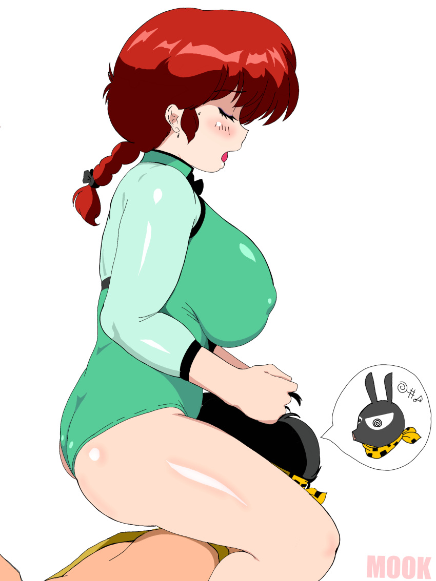 1boy 1girl absurdres ass black_hair blush braid breasts closed_eyes covered_nipples donguri2 face_in_crotch hibiki_ryouga highres huge_breasts open_mouth p-chan ranma-chan ranma_1/2 red_hair single_braid thighs