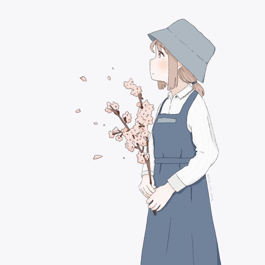 1girl blue_dress blush branch brown_eyes brown_hair cherry_blossoms clip_studio_paint_(medium) closed_mouth collared_shirt commentary dress from_side grey_hat hat highres holding holding_branch long_sleeves looking_up low_ponytail medium_hair original petals pinafore_dress ponytail profile purinnari shirt signature simple_background sleeveless sleeveless_dress solo standing striped_clothes striped_shirt white_background white_shirt