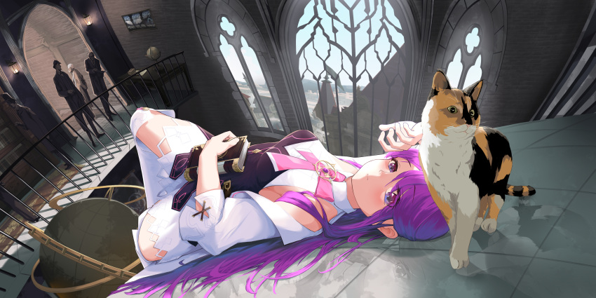 1girl 4boys absurdres aether_sage_(elsword) aisha_landar bare_shoulders book cat coat elsword globe highres holding holding_book long_hair looking_at_viewer multiple_boys on_floor purple_hair reflective_floor siamese_cat solo_focus toridet townscape window