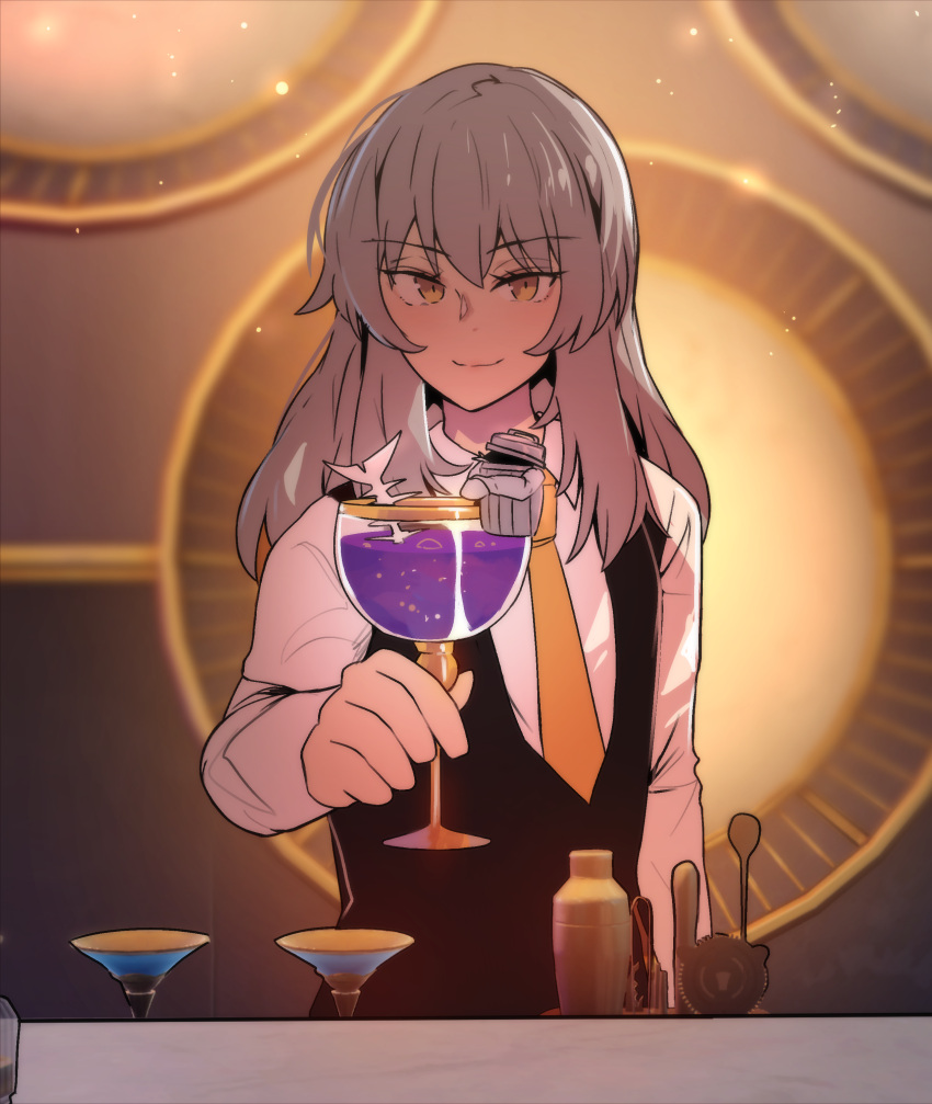 1girl absurdres alternate_costume bartender black_vest commentary cup drink drinking_glass fish_bone grey_hair highres hinghoi holding holding_cup honkai:_star_rail honkai_(series) long_hair long_sleeves looking_at_viewer lordly_trashcan_(honkai:_star_rail) necktie smile solo stelle_(honkai:_star_rail) trailblazer_(honkai:_star_rail) trash_can vest wine_glass yellow_eyes yellow_necktie