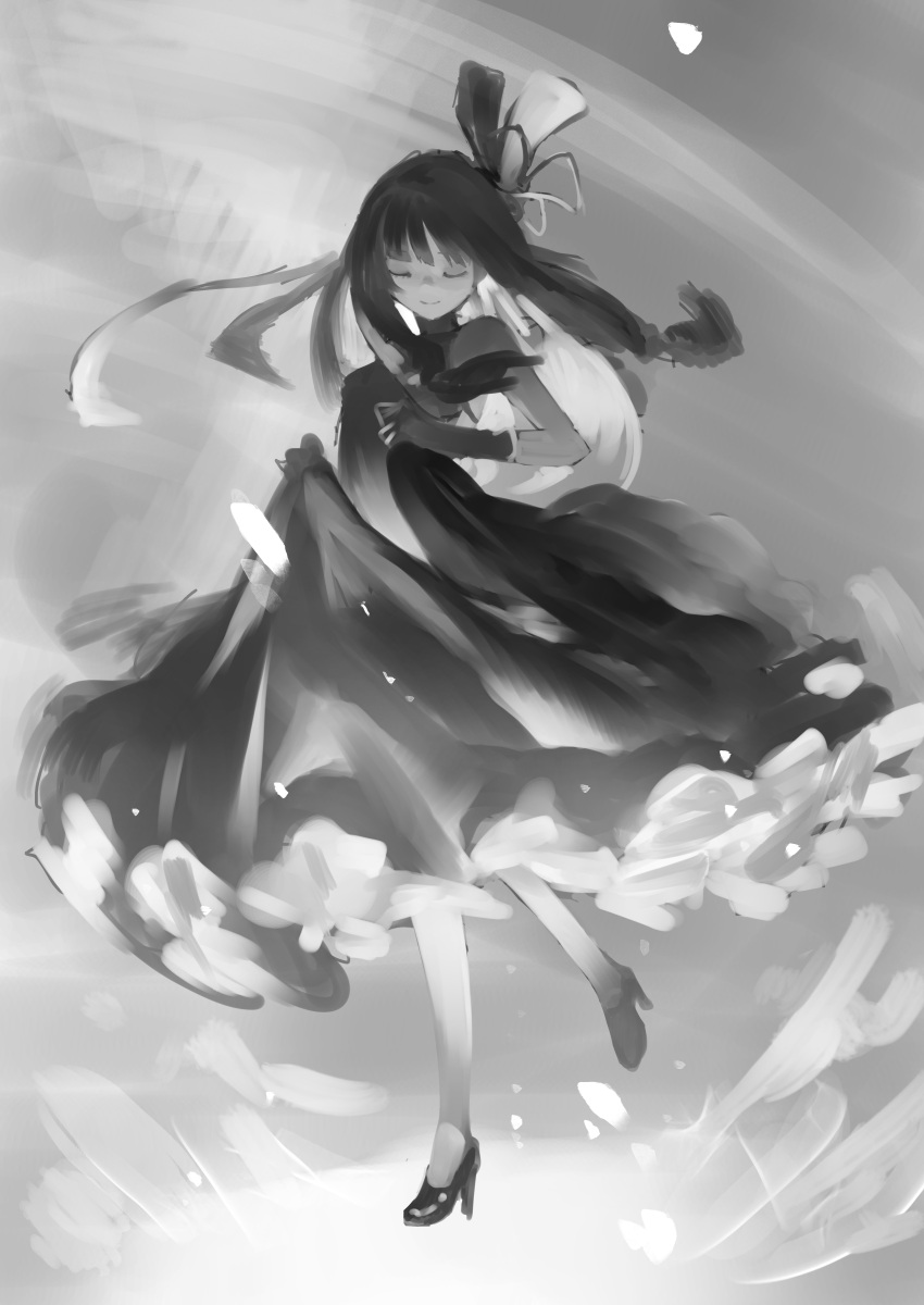 1girl abstract_background absurdres alternate_costume breasts closed_eyes closed_mouth dancing dress facing_viewer floating_hair frilled_dress frills gloves greyscale hair_ribbon high_heels highres kotonoha_akane long_dress long_hair low-tied_sidelocks medium_breasts monochrome ribbon skirt_hold sleeveless sleeveless_dress smile solo standing standing_on_one_leg toriatamastudio voiceroid
