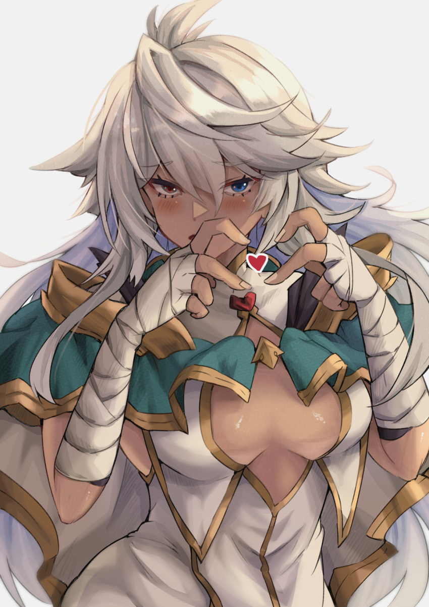 bandaged_arm bandages blue_eyes blush breasts breasts_apart cape commentary_request cosmos_(granblue_fantasy) dark-skinned_female dark_skin dress embarrassed granblue_fantasy green_cape grey_cape grey_dress grey_hair hair_between_eyes heart heart_hands heterochromia highres large_breasts long_hair looking_at_viewer open_mouth red_eyes simple_background sleeveless sleeveless_dress yude