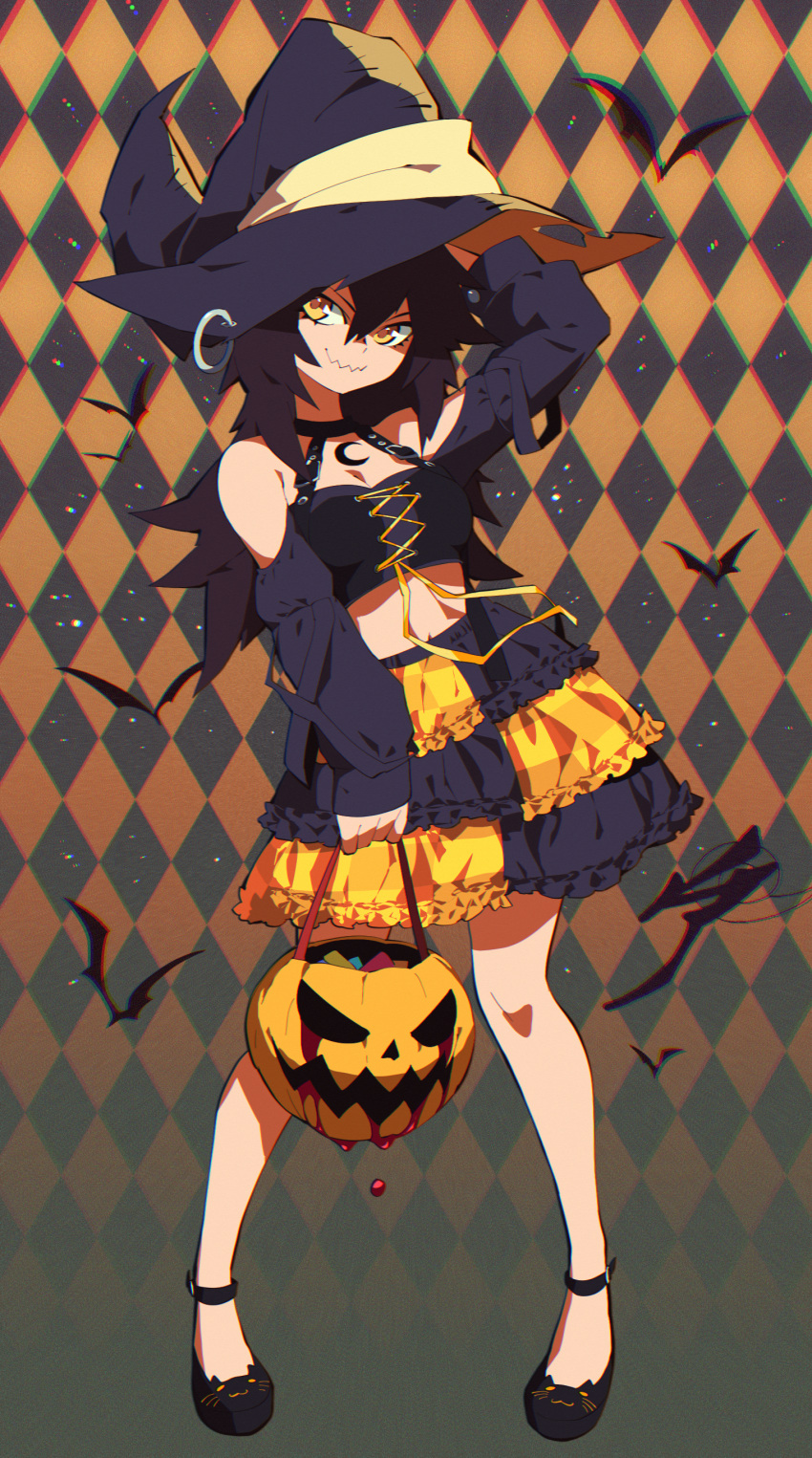 1girl absurdres aetherion black_footwear black_hair black_hat breasts brown_eyes cleavage closed_mouth full_body hat highres long_hair long_sleeves looking_at_viewer medium_breasts navel original solo witch witch_hat