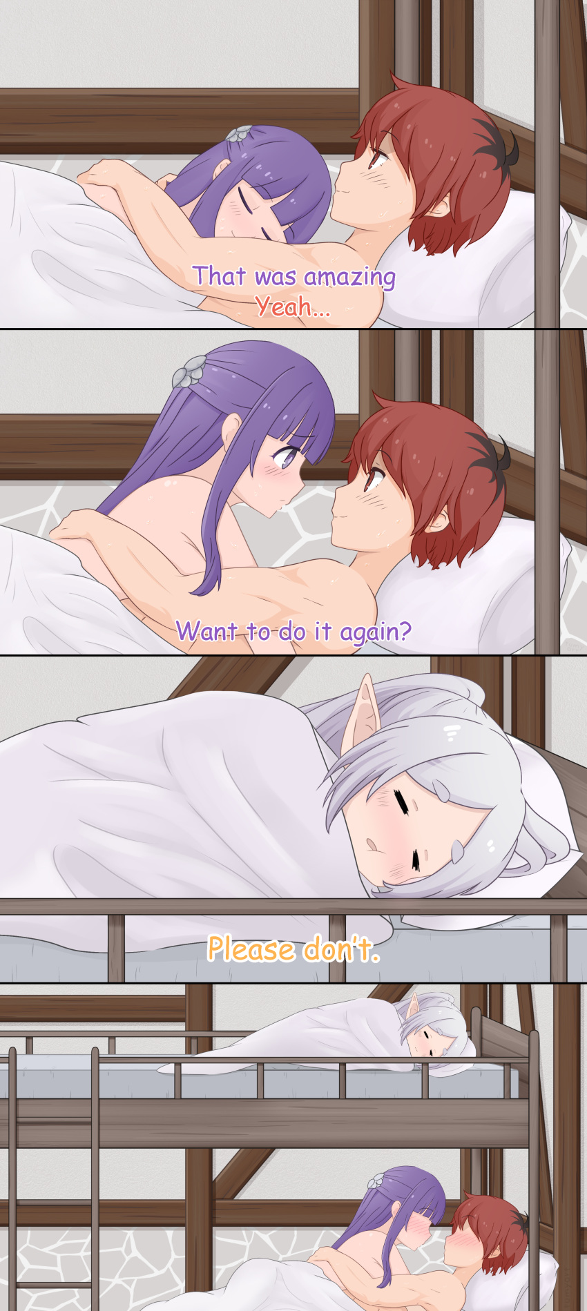 absurdres bed bed_sheet bunk_bed fern_(sousou_no_frieren) frieren girl_on_top highres implied_sex meme parody pointy_ears sleepy sousou_no_frieren stark_(sousou_no_frieren) tavern tumy