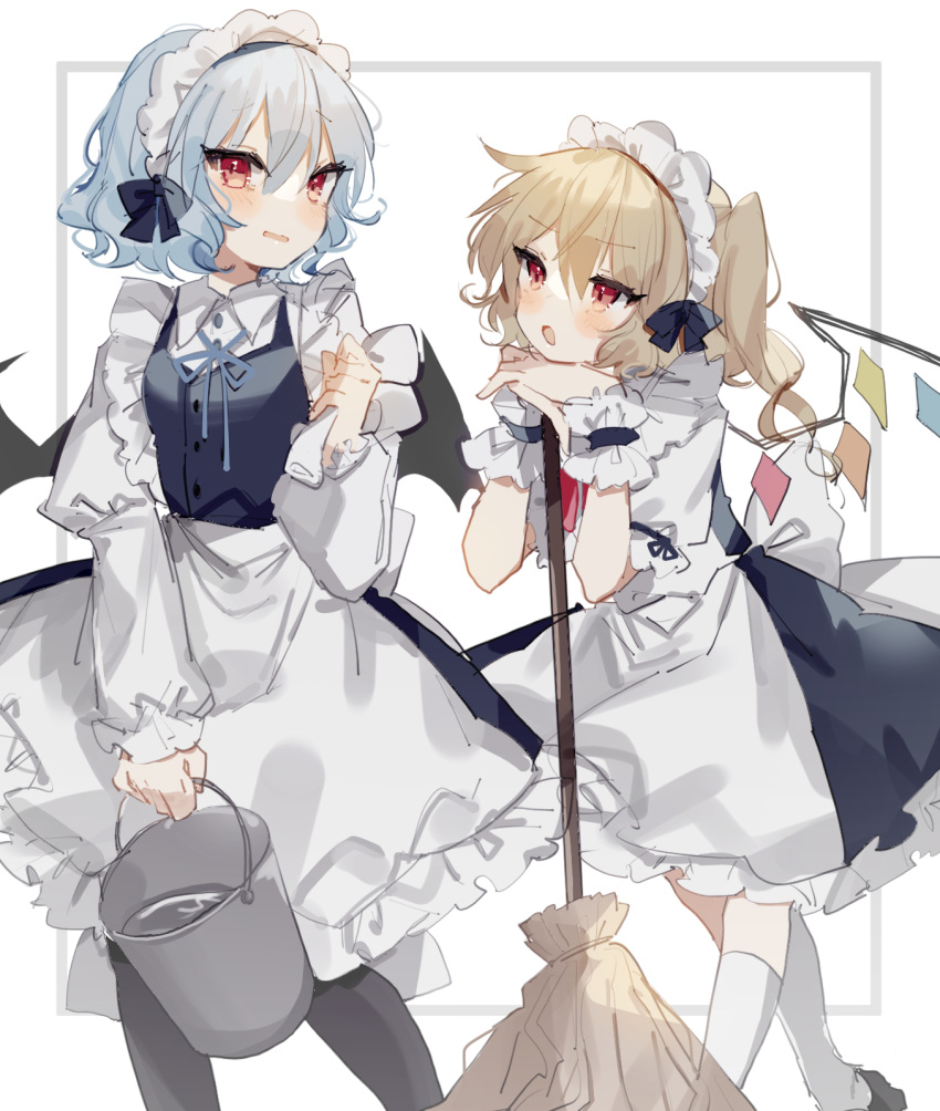 2girls apron bat_wings blue_hair blush broom bucket crystal_wings flandre_scarlet highres maid maid_apron maid_headdress multiple_girls open_mouth red_eyes remilia_scarlet short_hair siblings simple_background sorani_(kaeru0768) touhou twins white_background wings wrist_cuffs