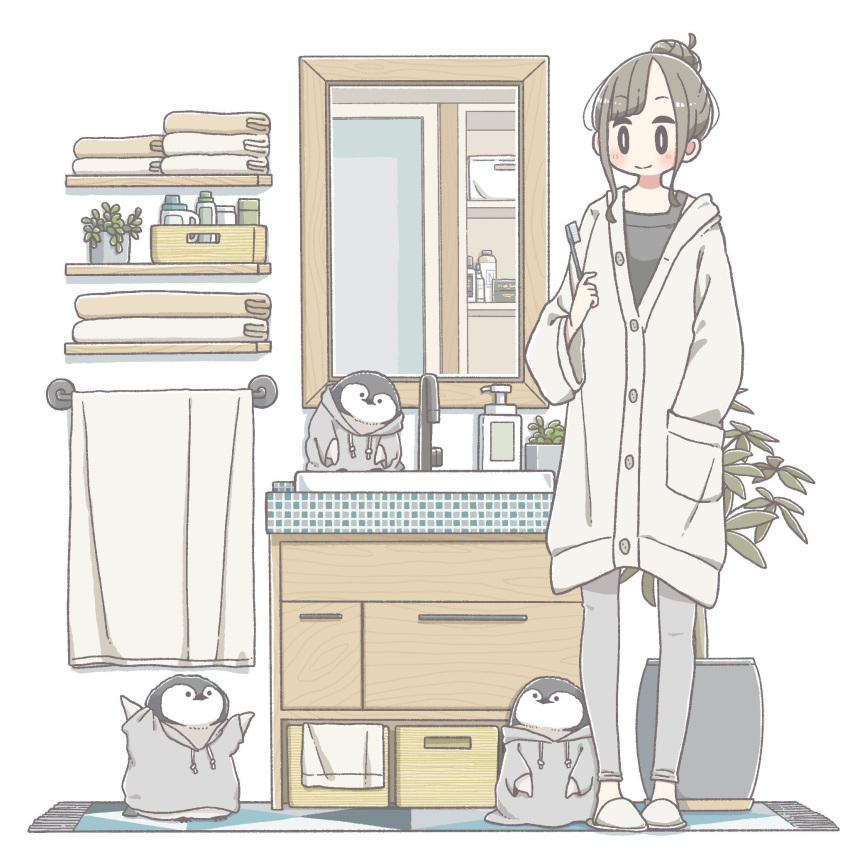 1girl bathroom bird blush brown_hair closed_mouth faucet grey_footwear grey_pants hair_bun highres holding holding_toothbrush mirror original pants penguin plant potted_plant short_hair sink slippers smile solo tameikirakuda toothbrush towel