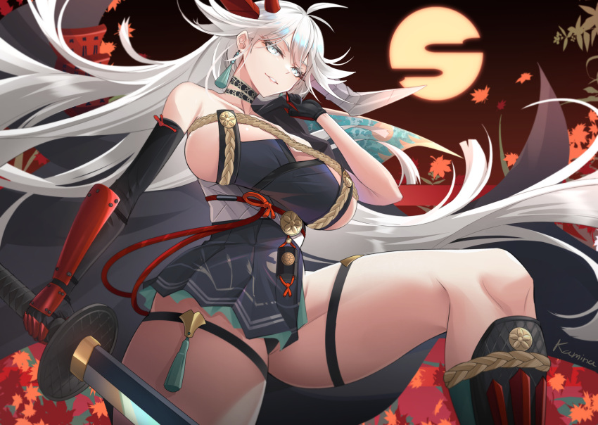 1girl asymmetrical_gloves asymmetrical_horns autumn_leaves azur_lane black_gloves breasts english_commentary floating_hair from_below full_moon gloves hair_between_eyes hakuryuu_(azur_lane) highres holding holding_sword holding_weapon horns huge_breasts kamina_(kamin789) long_hair looking_at_viewer mismatched_horns moon multiple_horns ootachi red_horns sakuramon sash solo sword thigh_strap very_long_hair weapon white_eyes white_hair white_horns white_sash