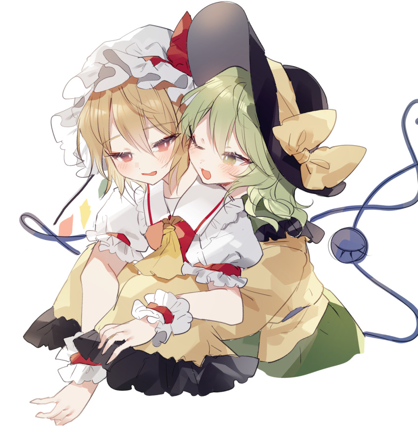 2girls ascot blonde_hair flandre_scarlet green_eyes green_hair hat hat_ribbon highres komeiji_koishi mob_cap multiple_girls one_eye_closed open_mouth puffy_short_sleeves puffy_sleeves red_eyes red_ribbon ribbon short_sleeves simple_background sorani_(kaeru0768) touhou white_background wrist_cuffs yellow_ascot yellow_ribbon