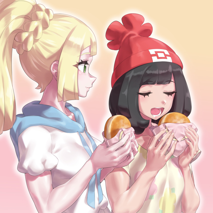 2girls beanie black_hair blonde_hair blunt_bangs breasts closed_eyes doughnut eating floral_print food green_eyes hat highres lillie_(pokemon) long_hair malasada mizuumi_(bb) multiple_girls open_mouth pastry pokemon pokemon_sm ponytail red_hat selene_(pokemon) shirt short_hair smile yellow_shirt