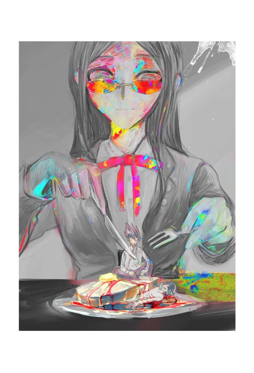 1girl 2boys 82utena bare_arms bare_shoulders barefoot blazer blood border bow bowtie bread bread_slice butter buttons chromatic_aberration closed_eyes closed_mouth coattails collared_jacket collared_shirt commentary_request danganronpa_(series) danganronpa_v3:_killing_harmony dripping food fork grey_background grin highres holding holding_fork holding_knife jacket knife long_hair long_sleeves mini_person miniboy momota_kaito multiple_boys no_coat oma_kokichi on_food open_clothes open_jacket pants plate purple_hair purple_pants red-tinted_eyewear red_bow red_bowtie shirogane_tsumugi shirt short_hair sitting smile spiked_hair spoilers straight-on sunglasses table tinted_eyewear toast topless_male white_border white_jacket white_shirt white_sleeves