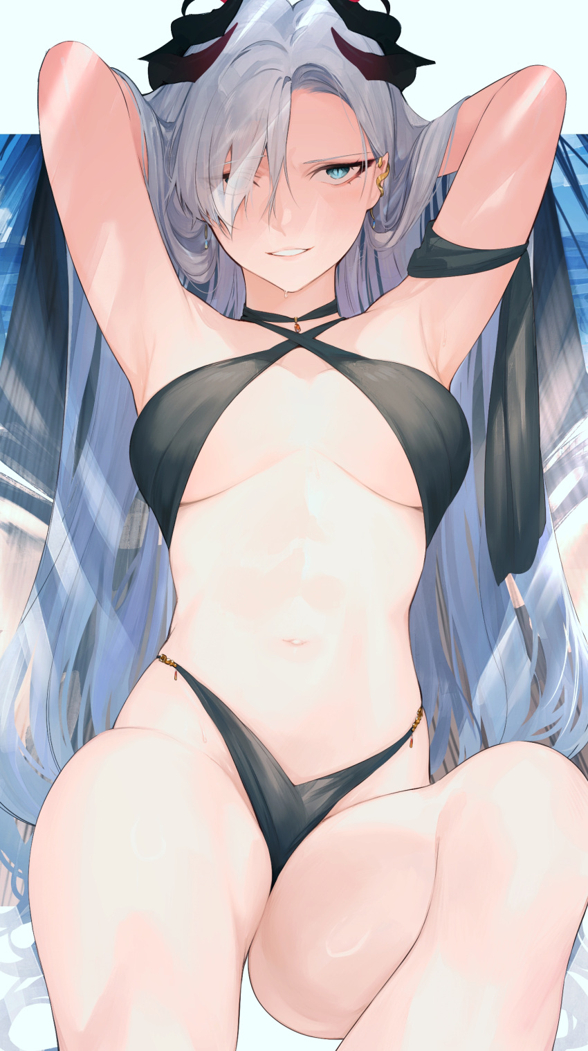1girl absurdres armpits arms_behind_head ass bare_arms bare_legs bare_shoulders bikini black_bikini black_horns blue_archive blue_eyes breasts collarbone demon_horns grey_hair grin groin halo highres horns koyo_akio large_breasts long_hair looking_at_viewer makoto_(blue_archive) multiple_horns navel pointy_ears red_halo smile solo swimsuit
