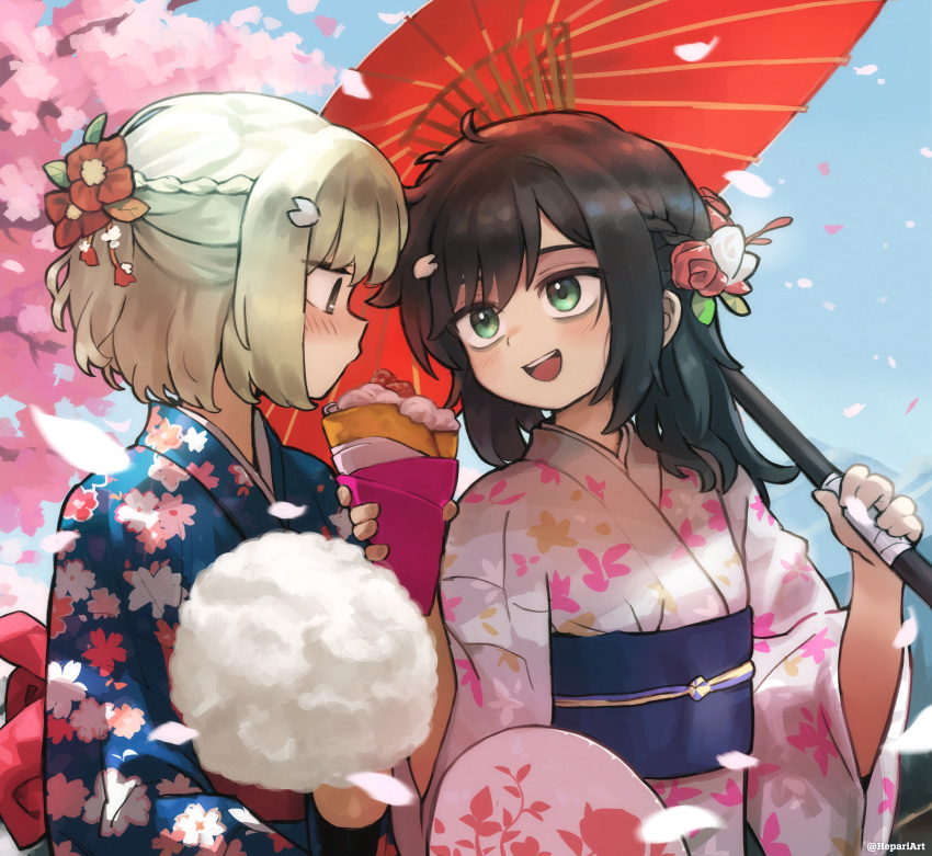 2girls absurdres alternate_costume alternate_hairstyle black_hair black_kimono blonde_hair blush cherry_blossoms crepe food green_eyes hepari highres holding holding_food holding_umbrella japanese_clothes kimono kuroki_tomoko long_hair long_sleeves looking_at_another multiple_girls oil-paper_umbrella open_mouth pink_kimono short_hair smile teeth uchi_emiri umbrella upper_teeth_only watashi_ga_motenai_no_wa_dou_kangaetemo_omaera_ga_warui! yuri