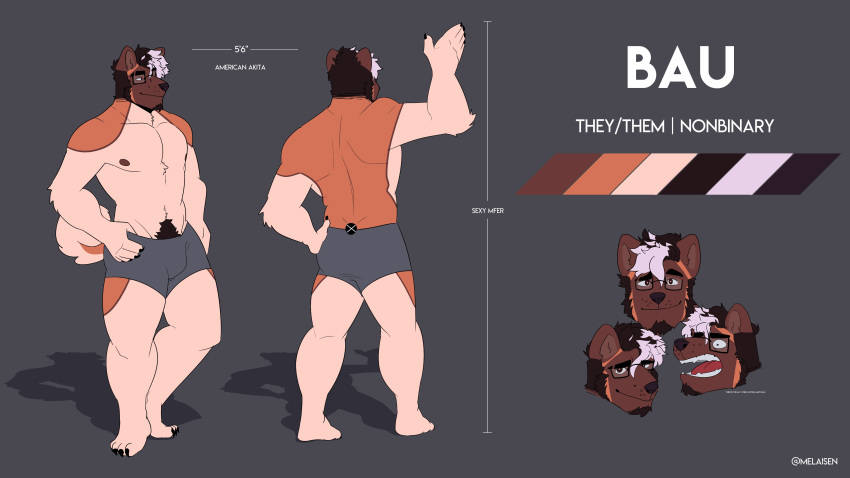 2021 absurd_res akita american_akita anthro arm_tuft artist_name bau_(melaisen) beard black_hair briefs brown_beard brown_body brown_ears brown_eyes brown_face brown_facial_hair brown_fur brown_nipples brown_nose canid canine canis clothed clothing color_swatch countershading digital_media_(artwork) domestic_dog elbow_tuft facial_hair full-length_portrait fur grey_background grey_briefs grey_clothing grey_underwear hair headshot_portrait hi_res male mammal melaisen model_sheet multicolored_hair nipples nonbinary_(lore) open_mouth orange_body orange_fur pink_hair portrait pubes pupils raised_arm red_tongue shadow simple_background smile spitz standing tan_body tan_countershading tan_fur three-quarter_view tongue tuft two_tone_hair underwear white_pupils