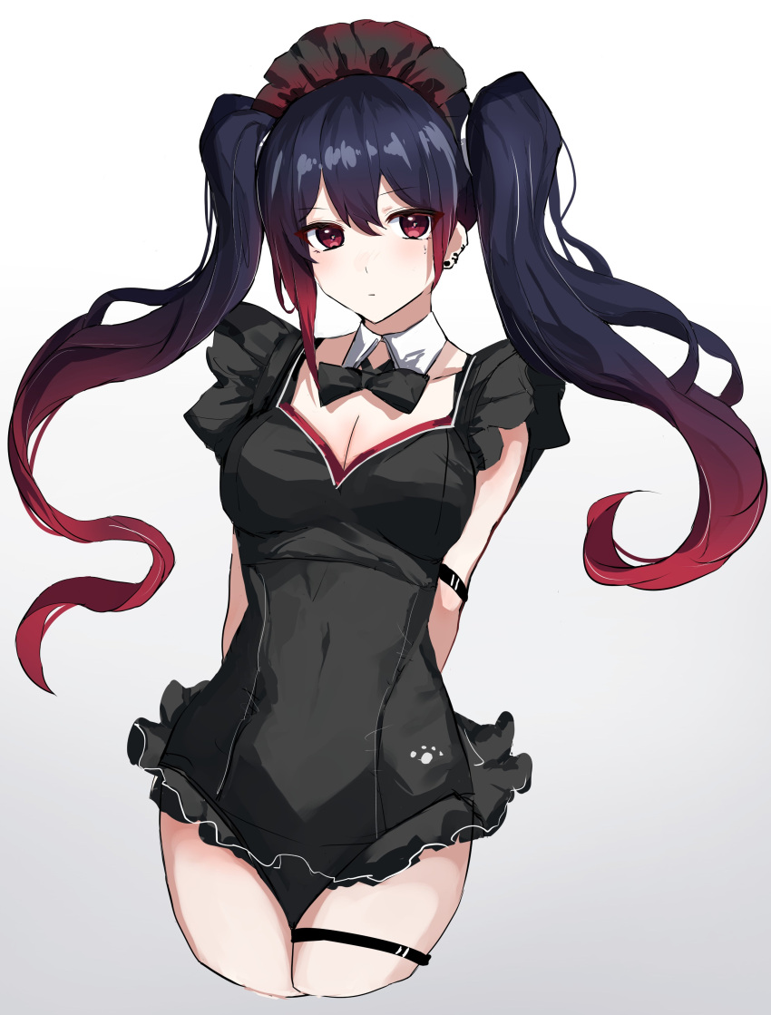 1girl absurdres armband arms_behind_back black_armband black_bow black_bowtie black_hair black_headdress black_one-piece_swimsuit bow bowtie breasts cleavage collar detached_collar earrings frilled_one-piece_swimsuit frills gradient_hair highres iris_black_games jewelry kisaragi_ren_(vtuber) legband looking_at_viewer maid_headdress maya_fa medium_breasts multicolored_hair one-piece_swimsuit red_eyes red_hair simple_background solo swimsuit thigh_strap twintails virtual_youtuber vspo!